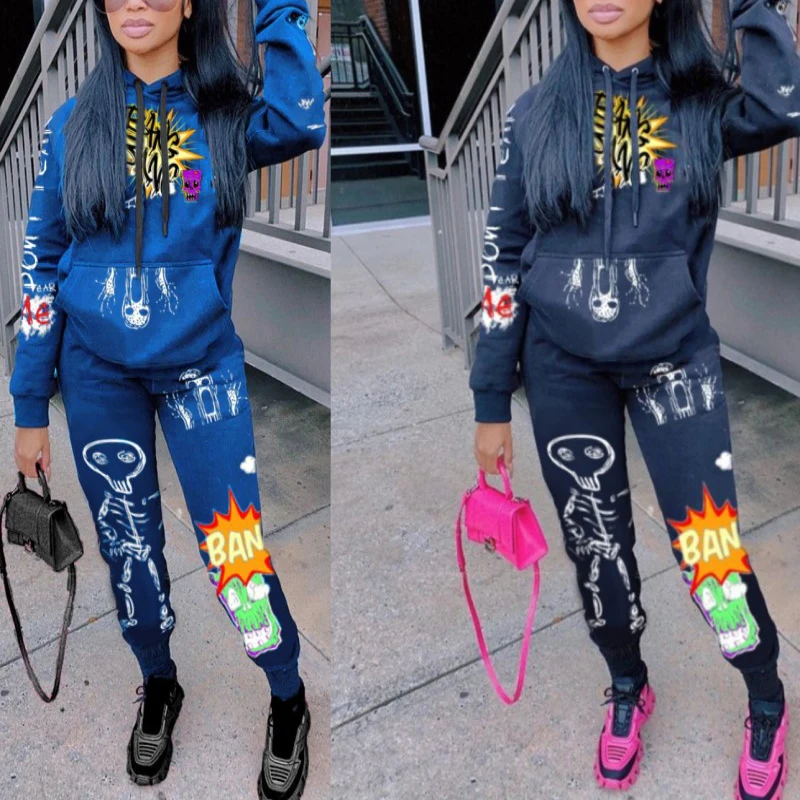 

BONJEAN Fall Winter Harajuku Fleece Warm Tracksuit Women Sets Hoodie Graffiti Sweatshirt and Sweatpant Outfits Sweat Suits
