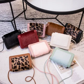 

2020 new product Japanese and Korean style rabbit hair small square bag leopard print shoulder bag female messenger mini