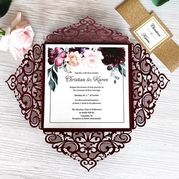 

100pcs Burgundy Wedding Invitations Square Glitter Laster Cut Invitation Cards with Envelope