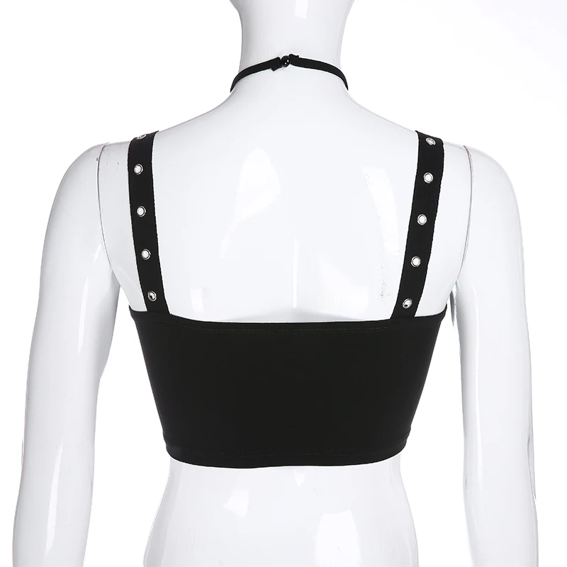 Women Sexy Slash Neck Off Shoulder Eyelets Cami Top with Metal Star Choker Gothic Black Halter Crop Top Party Club Tank Tops