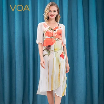 

VOA Printed Silk Peach Collar Short-Sleeved Mix Material Stitching Split Design Loose Waist Pullover Irregular Dress AJ906