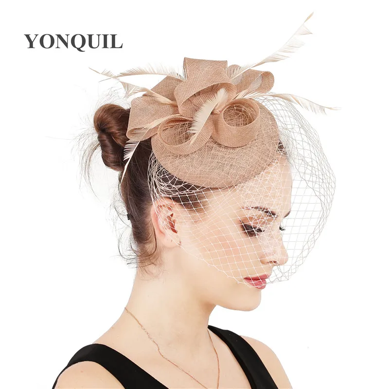 Ярко-розовая вуалетная шляпа с вуалью имитация Sinamay millinery заколка для волос перо Свадебная вечеринка гонки события головные уборы Новое поступление - Цвет: Шампанское