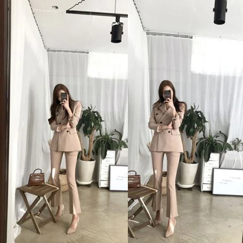 Spring and Autumn New Slim Double-breasted Professional Micro Flare Pants Suit Women Casual Fashion Small Suit SetOL2 piece sets - Цвет: 1
