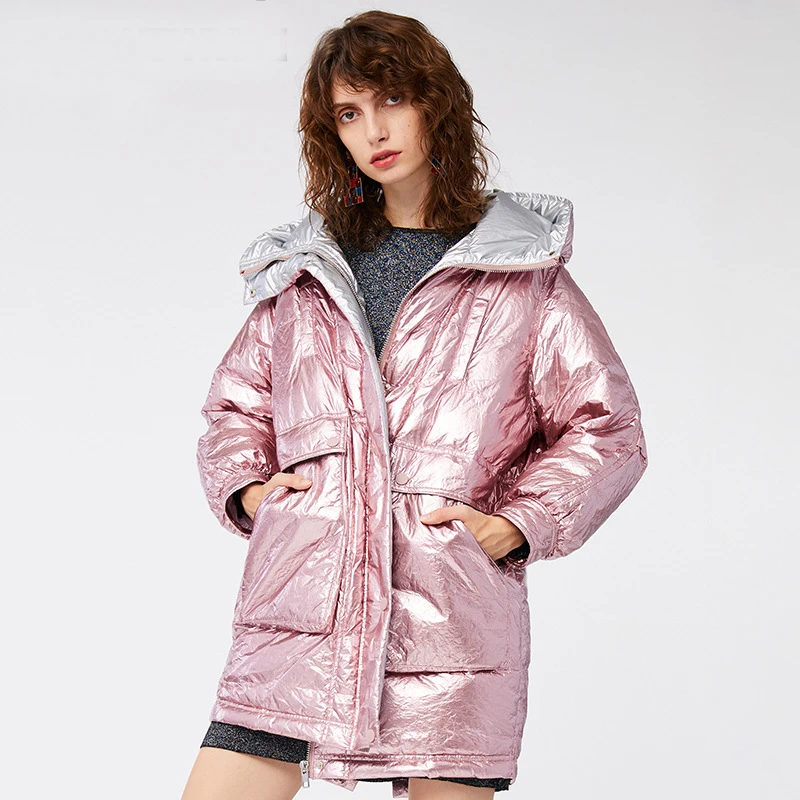 new women winter medium-long down jacket bright bread coat with silver interior windproof paded outerwear with large pocket