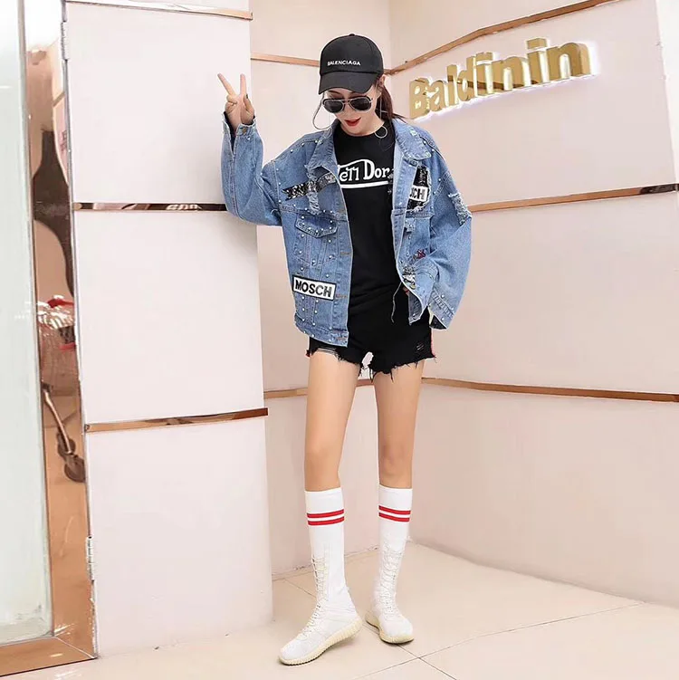 Most effective  Women's Denim Jacket 2019 New Jeans Jackets Women Sequins Pearls Punk Casual Loose Vintage Streetwe