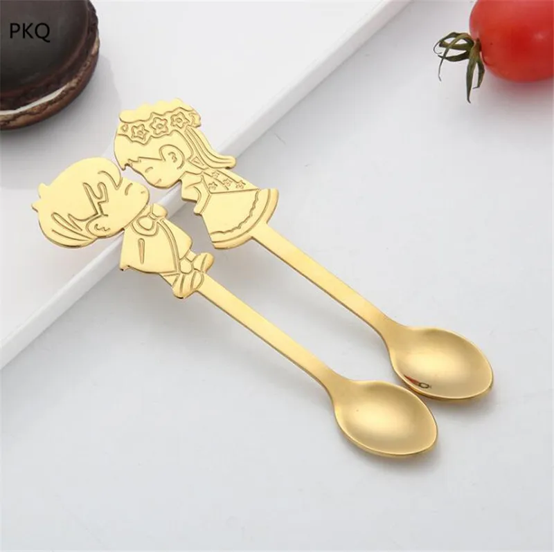 gold 2 шт./компл. ложка из нержавеющей стали Пара кофейная ложка подарок на свадьбу перемешивание чайной ложки милое десертное мороженое ложки совок - Цвет: gold
