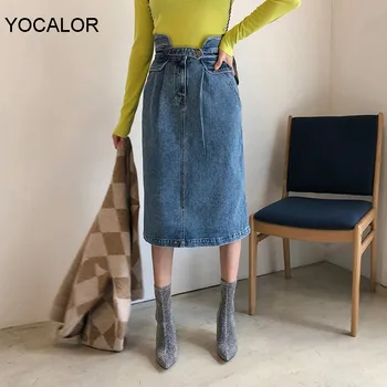 

2020 Spring Summer Women Slim Midi Jean Skirt High Waist Straight Loose Streetwear Skirts Female Pockets Blue Denim Skirts