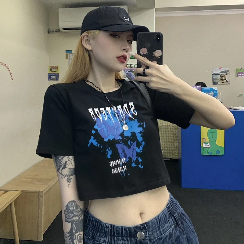 Top Retro de mariposa para mujer, Top corto estampado, informal, ombligo descubierto, camiseta de manga corta ajustada, Top de tubo Sexy para mujer