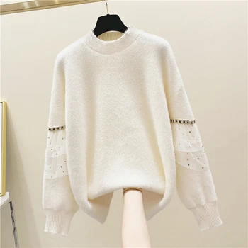 

2020 Spring Sweater Women Mesh Panel Imitation Mink Cashmere Sweaters Thick Loose-Fit Sweater Top New Lantern Sleeve Jumper Knit