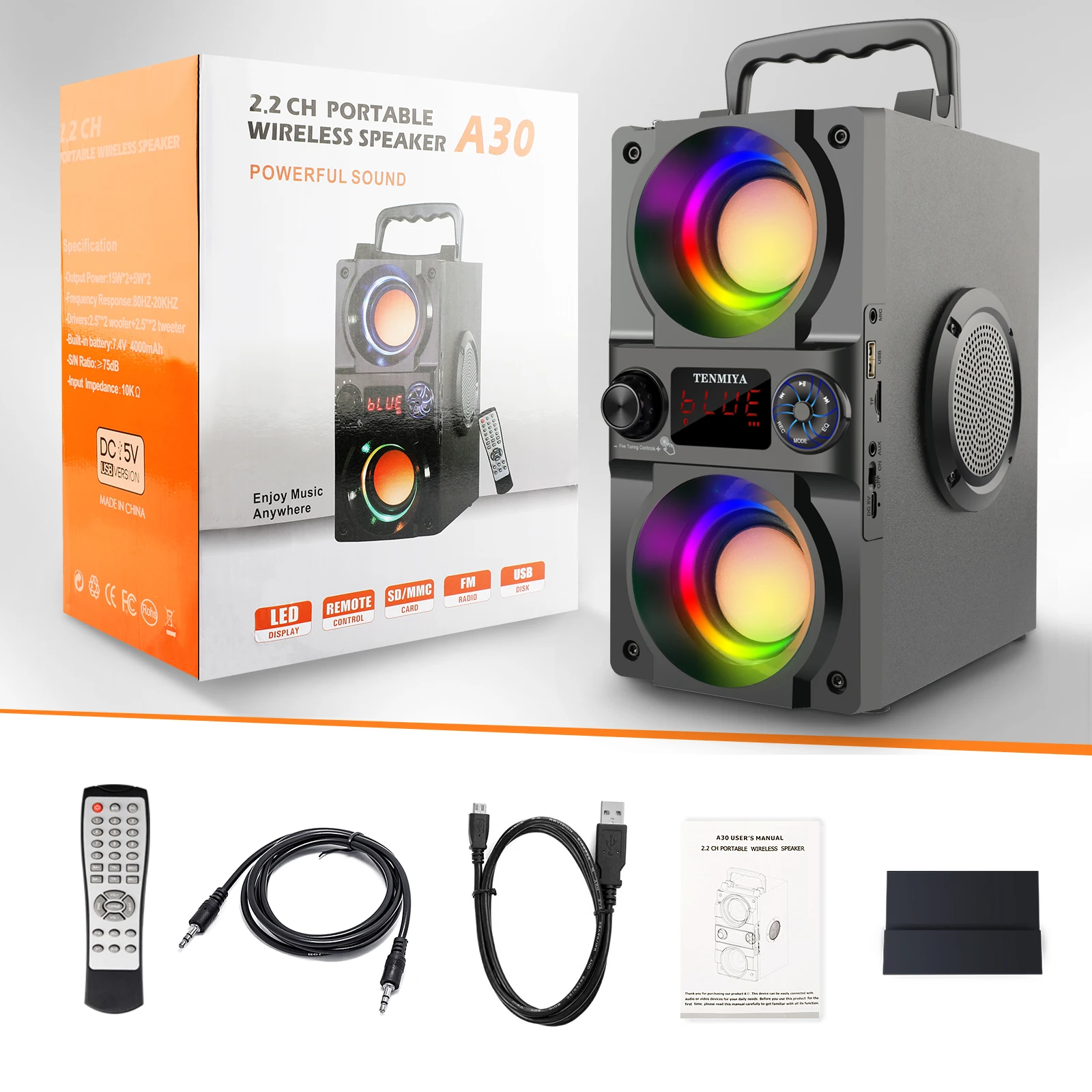 휴대용 무선 붐박스 베이스 서브우퍼 스피커, 지지대 리모컨 FM 라디오, RGB LED 조명, 40W 블루투스 스피커, 신제품