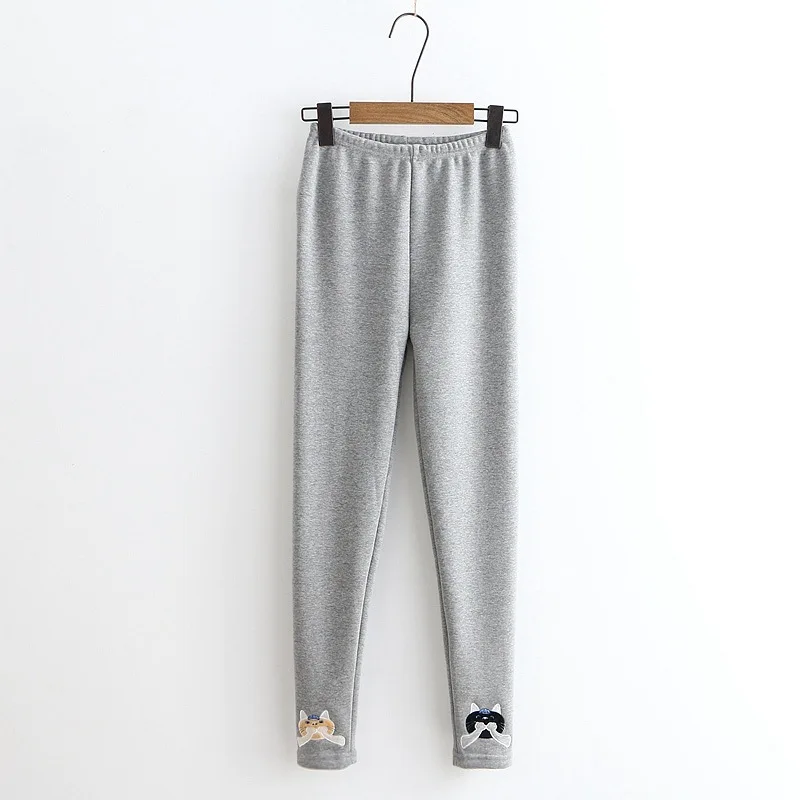 

S23394 Autumn And Winter New Style Cartoon Embroidery plus Velvet Leggings Korean-Style WOMEN'S Dress Elastic Waist Hipster Stud