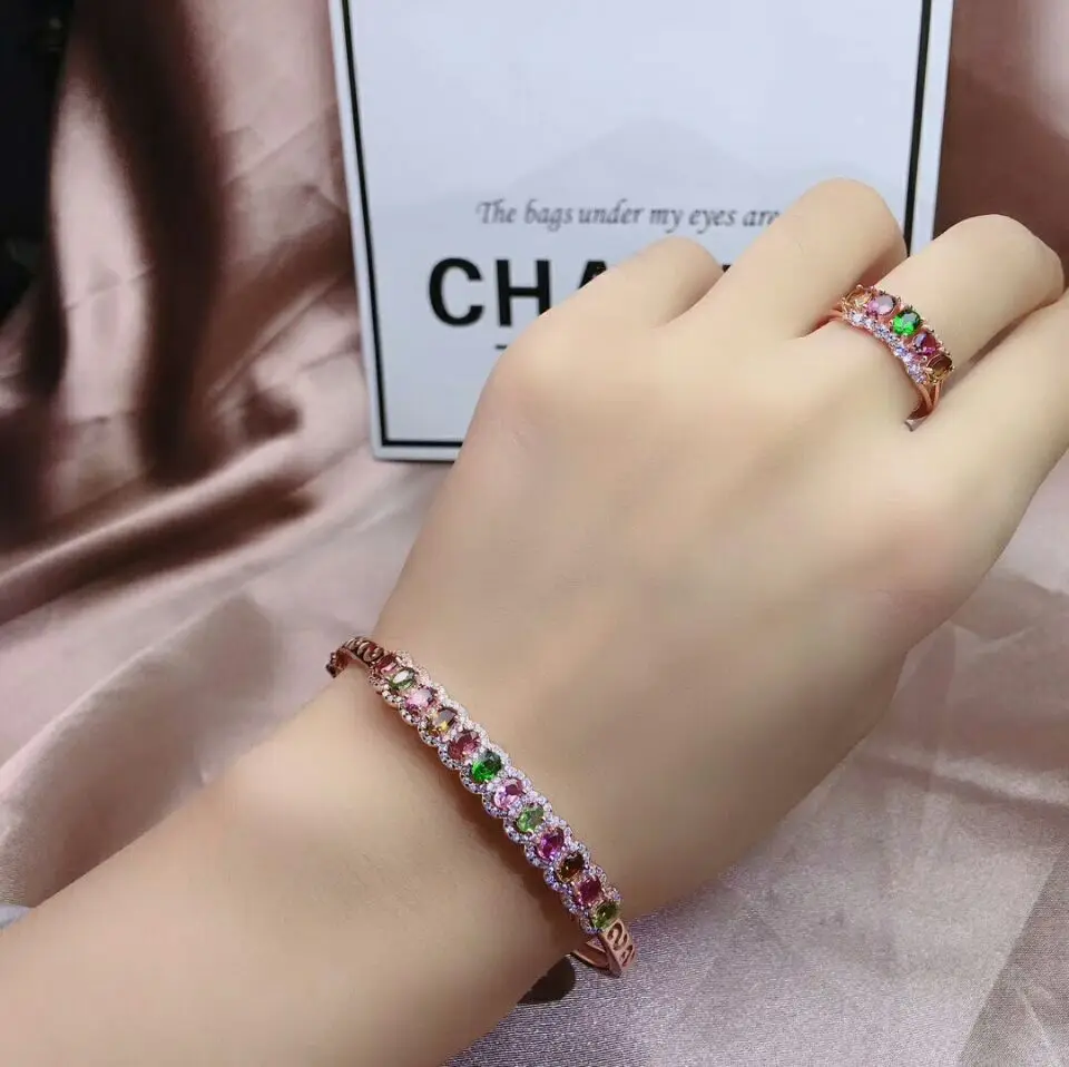 

MeiBaPJ 925 Sterling Silver Natural Colorful Tourmaline Gemstone Bracelet Ring for Women Fine Wedding Jewelry Set