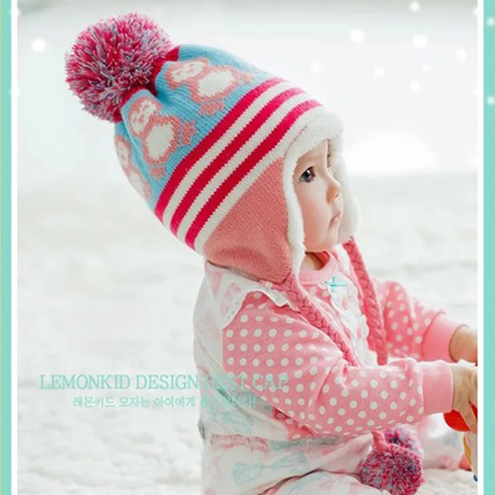 penguin Rose Осенне-зимние корейские шапочки с помпоном для малышей; детская шапка с рисунком; Милая вязаная шапка для маленьких мальчиков и девочек; теплая шапка; аксессуары - Цвет: penguin Rose