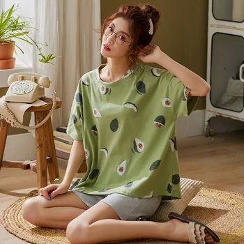 

Green Sleepwear Sets For Women Lovely Avocado Pattern Pajamas Cotton Short Home Wear Hot Sale Femme Underwear Pijamas DZA251