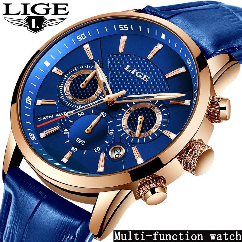 Модные мужские часы lige top бренд Luuxury синий кварцевые мужские часы Повседневное кожа Водонепроницаемый, спортивный стиль, с хронографом, Relogio