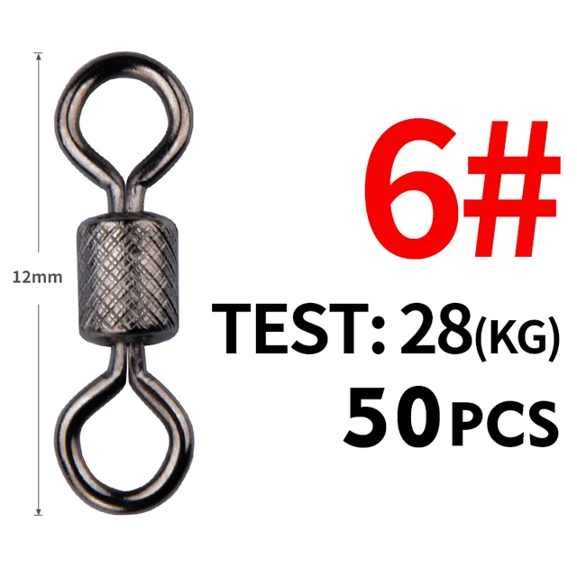 Meredith 50PCS/Lot Fishing Swivels Ball Bearing Swivel with Safety Snap Solid Rings Rolling Swivel for Carp Fishing Accessories Size6 12mm 28kg