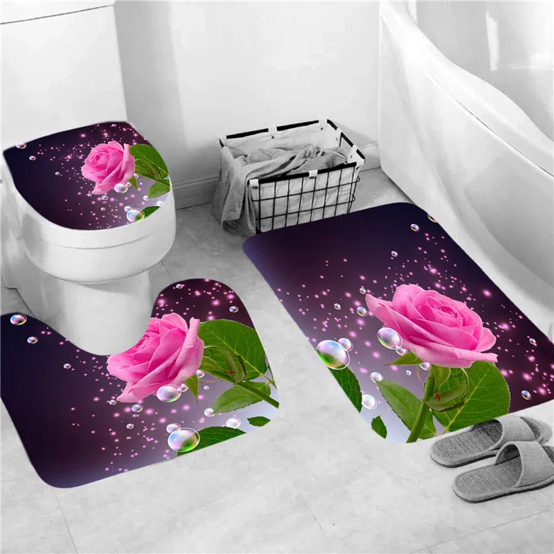 3D Blue Red Pink Rose Print Shower Curtain Set Bathroom Bathing Screen Anti-slip Toilet Lid Cover Carpet Rugs Kitchen Home Decor