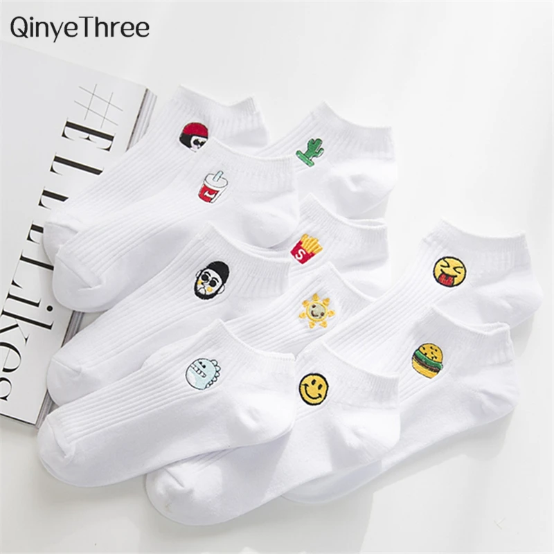 

Man White Harajuku Socks Unisex Summer Short Socks Hipster Skateboard Funny Ankle Socks Embroidery Coke Killer Cactus Monster