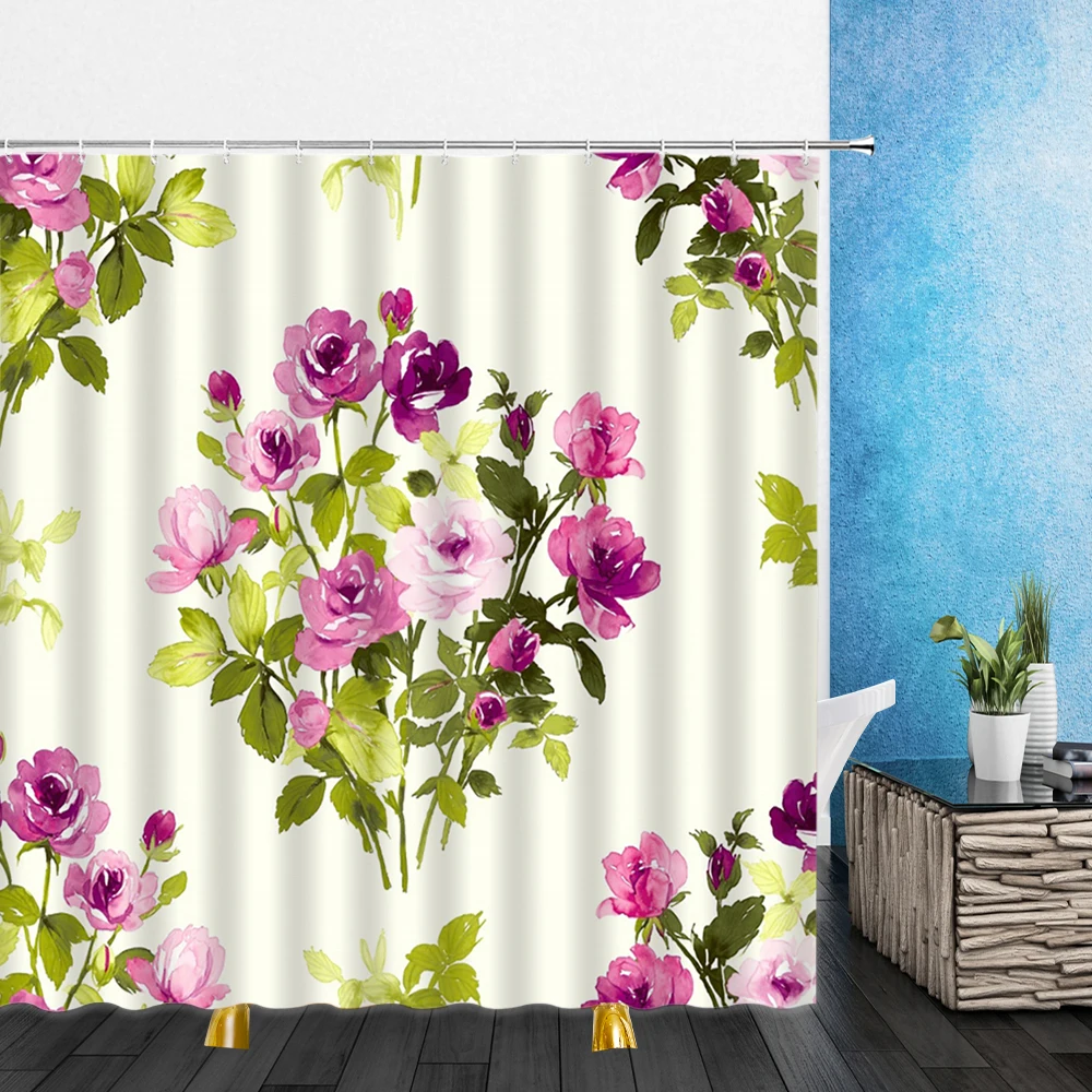 

Flowers Shower Curtains Green Leaf Plant Cartoons Flower 3D Print Waterproof Bathroom Home Decor Bathtub Polyester Curtain Set