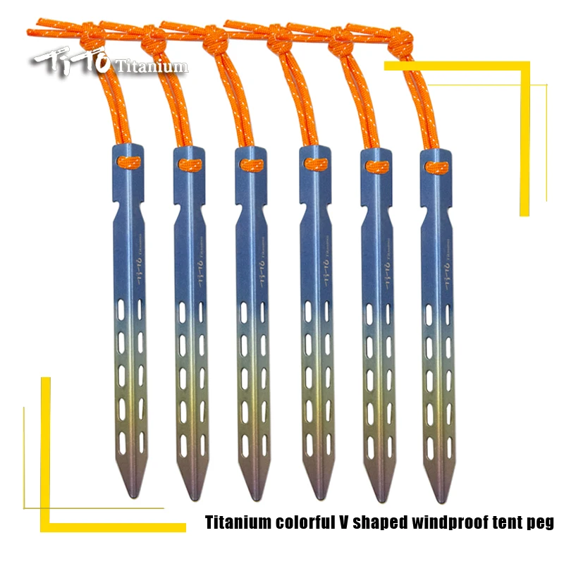 Titanium Tent Stake 6pcs Colorful V Shaped Windproof For Outdoor Camping Soft Ground