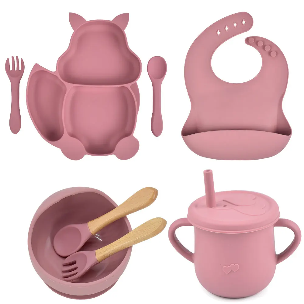 8PCS/Set Baby Silicone Sucker Bowl Plate Cup Bibs Spoon Fork Sets Children Non-slip Tableware Baby Feeding Dishes BPA Free silicone cutlery set,baby feeding spoon,silicone bowl,silicone dinner plate