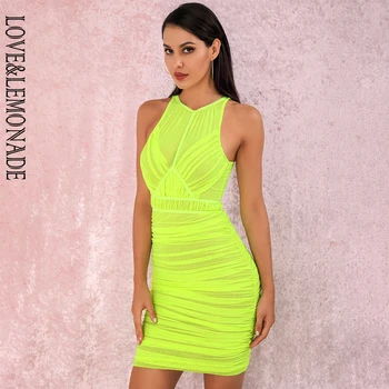 

LOVE&LEMONADE Fluorescent Green Round Collar Off Shoulder Mesh Stitching Pleated Bodycon Mini Party Dress LM81859