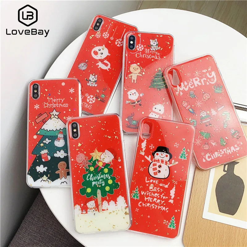 

Lovebay Cartoon Christmas Phone Case For iPhone 8 7 6 6S Plus X XR XS Max Epoxy Glitter Gold Foil TPU Silicone Cases Back Cover