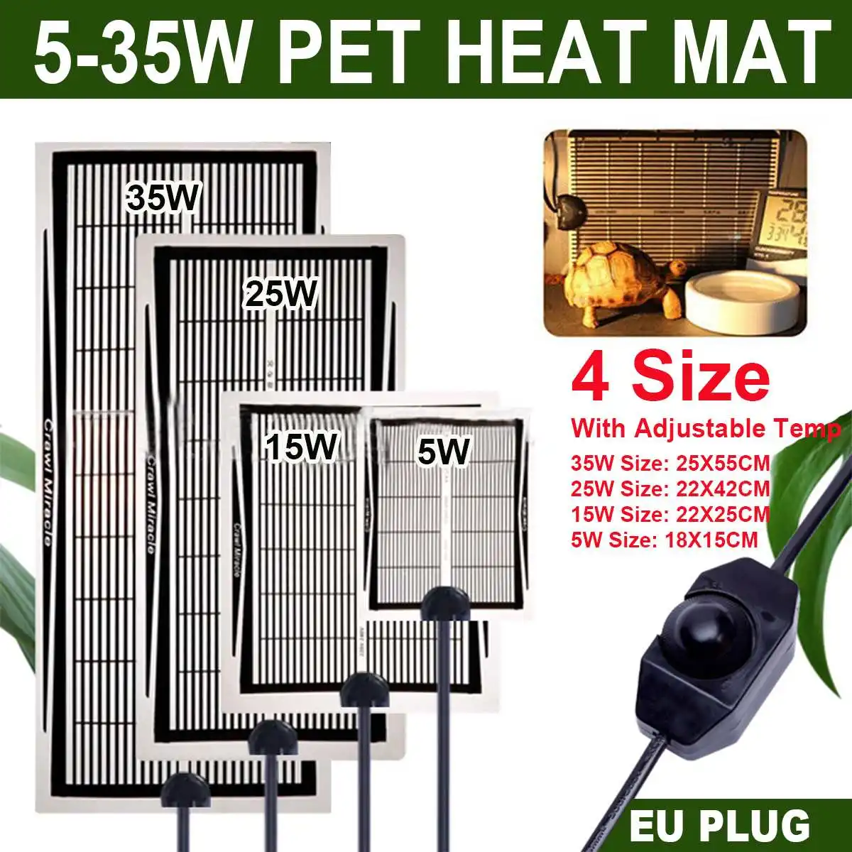 Almohadilla de calor caliente para mascotas 5W/15W/25W/35W 220V estera de calefacción regulador ajustable de temperatura para serpientes tortuga lagarto araña EU