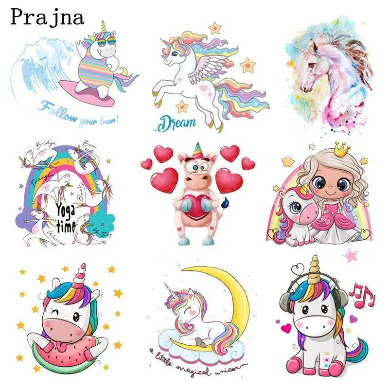 

Prajna Cartoon Unicorn Iron On Transfers Vynil Heat Transfer Magic Rainbow Thermal Stickers On Clothes For Kids T-shirt Applique