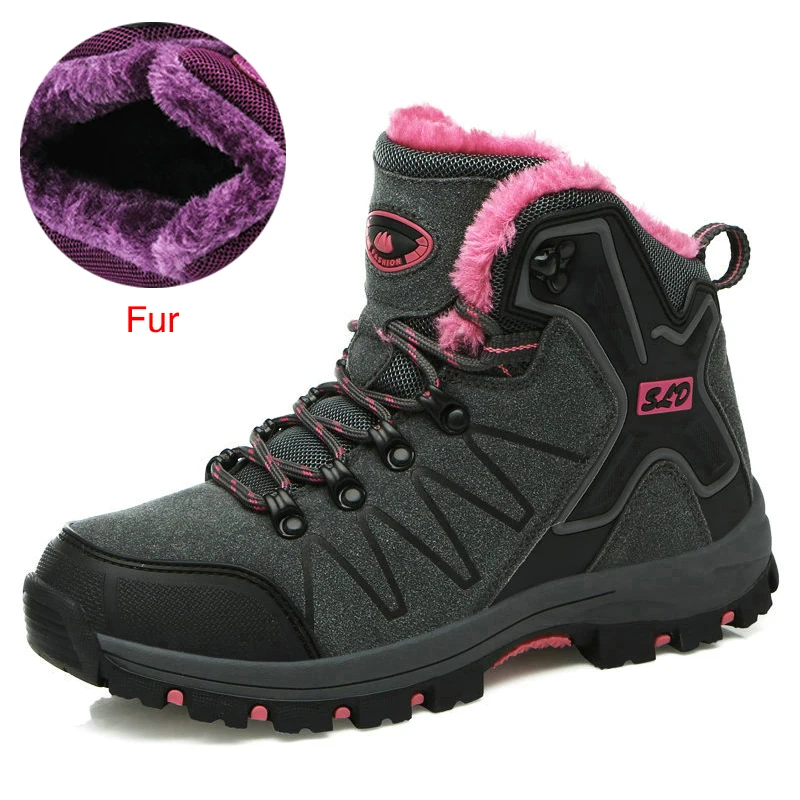 ZIMNIE/Мужская Треккинговая обувь; нескользящая прогулочная обувь; горные ботинки; удобные теплые уличные кроссовки; женская зимняя походная обувь - Цвет: Dark Gray Rose Fur