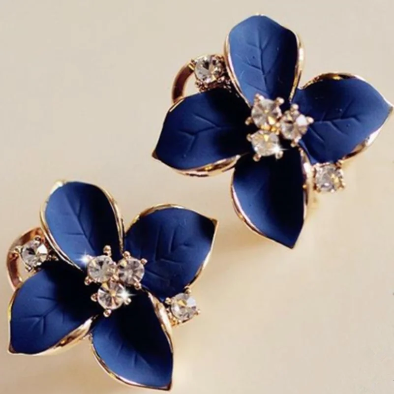 Exquisito Camelia pendientes coreanos de mujer de moda azul real en tres dimensiones de clip de oreja joyería al por mayor
