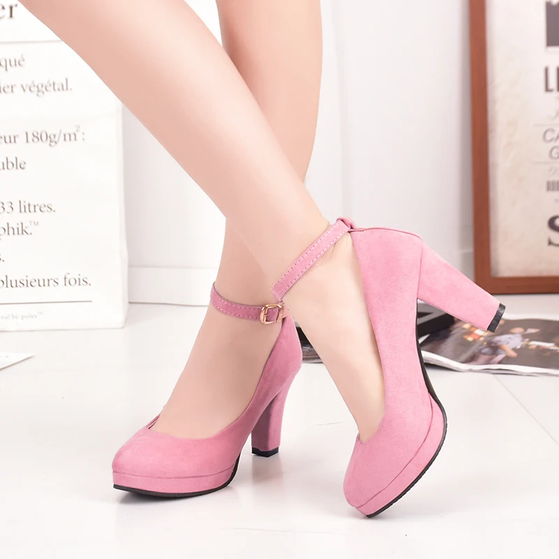 Autumn Women's Pumps Flock Sweet Woman Thick High Heels Ankle Strap Flock Female Platform Mary Jane Women Shoes Ladies Footwear