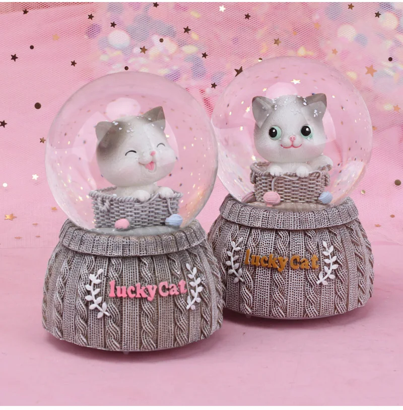 Lucky Cat хрустальный шар статуэтки Миниатюрная модель украшения дома аксессуары мультфильм кошки орнамент Музыкальная Шкатулка Свадебный декор ремесло