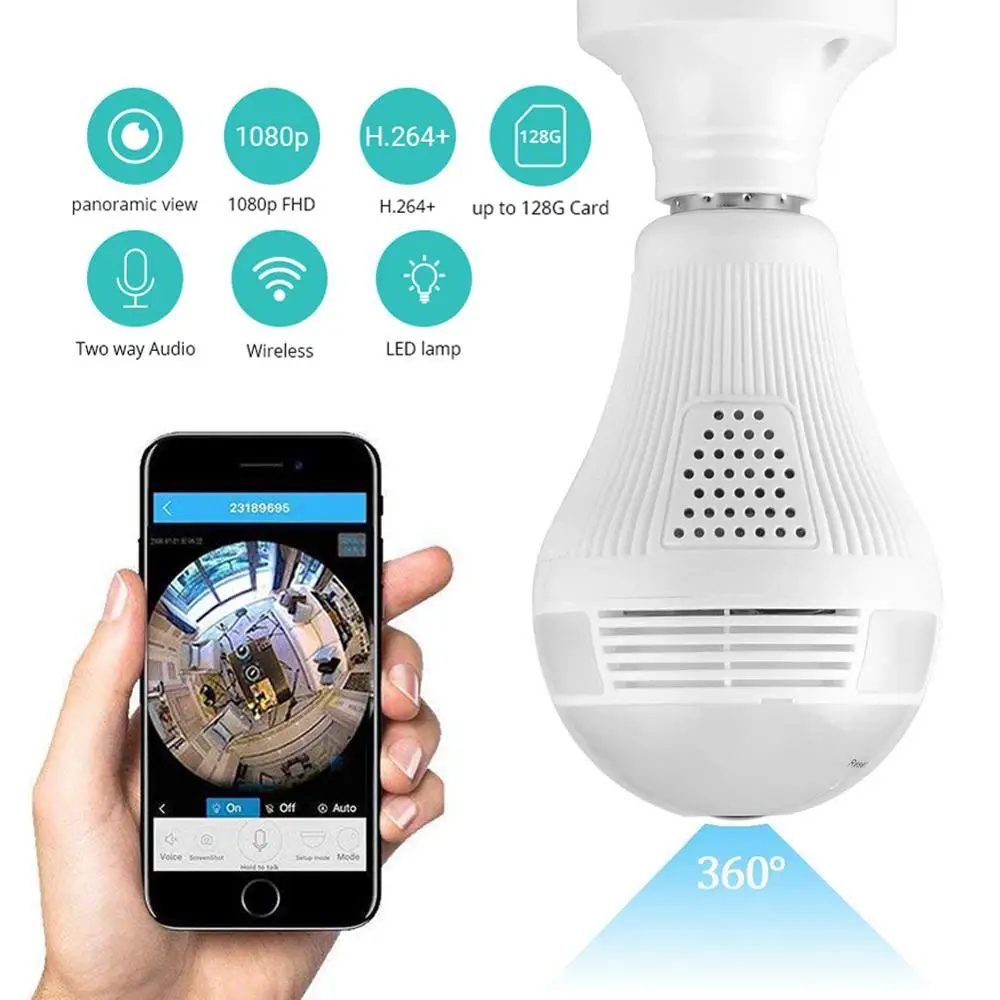 

360 Panoramic Camera Bulb 960P/1080P Wifi IP Camera Two Way Audio IP PTZ Wifi Camera LED Lamp Night Vision Camera CCTV