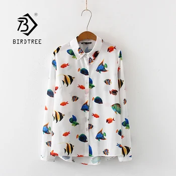 

New Arrival Tropical Fish Print Oversize Turn-down Collar Chiffon Blouse Button Up Casual White Shirt Feminina Blusa T99004F