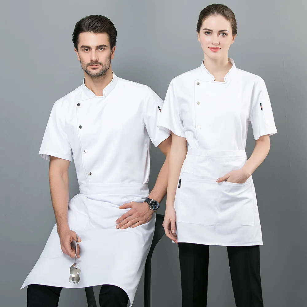 unisex Short sleeved cooker Work shirts Double Breasted Restaurant Kitchen Chef Jackets black and white hotel catering workwear