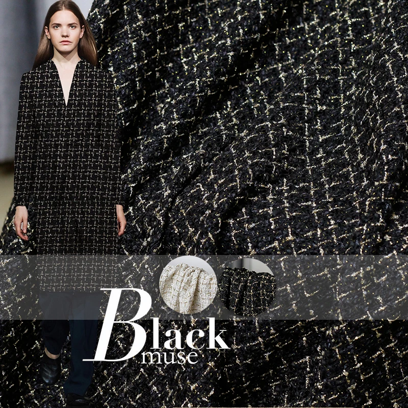 

the cloth style black white gold thread tweed 100%polyster Autumn jacket DIY clothes fabrics Freeshipping