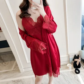 

Sexy Lace Wedding Robe Set Women 2PCS Sleepwear Satin Nighty&Robe Set Female Soft Kimono Bath Gown Casual Home Clothes