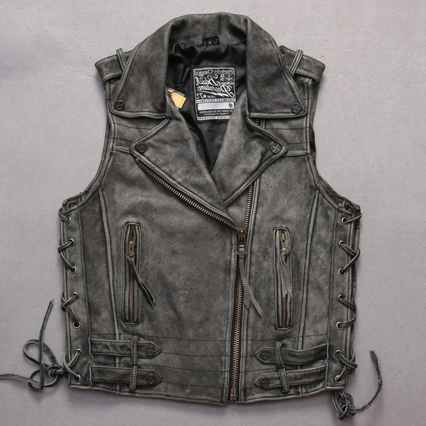 

Vintage cowskin lapel adjustable waist real vest gray punk short Oblique zipper sleeveless leather jacket men