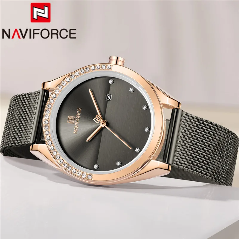 Часы наручные NAVIFORCE женские черные брендовые Роскошные с сетчатым браслетом из