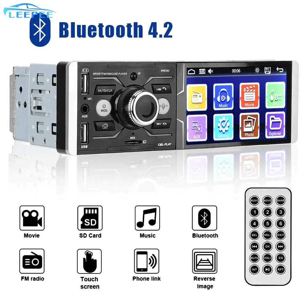 1Din DC 12V Bluetooth 4.2 Voice Control 4.1'' Touchscreen Car MP5 Video FM Radio Player Multimedia Autoradio Stereo Audio