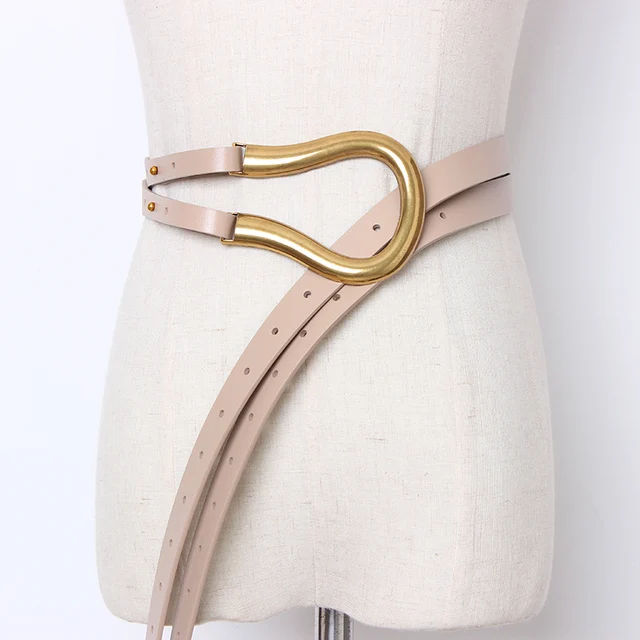 Newest fashion soft faux leather belts personality big alloy buckle thin double layer waistbands shirt knotted belt long straps khaki color