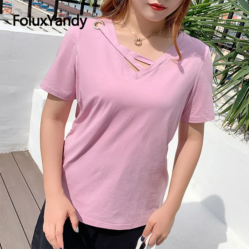 

Bandage V-neck Tops Women Stretch Casual Summer Tops Tees Short Sleeve Plus Size T-shirts Black Red Pink OLL223