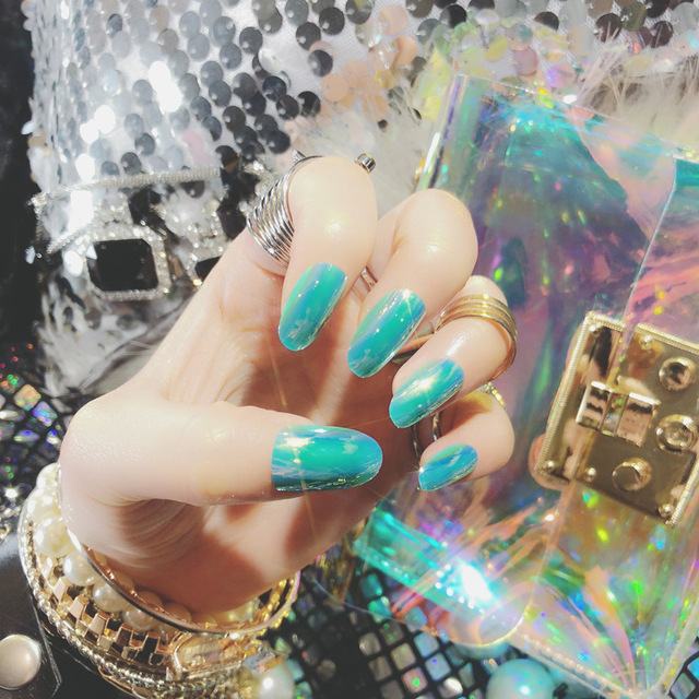 24Pcs Shiny Punk Style Fake Nails Long Ellipse Metallic Mirror Full Cover False Press On Nails Manicure Beauty Tools