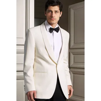 

New Fashion Ivory Satin Shawl Lapel Groom Tuxedos Wedding Suits For Men 3 pieces Groom Suits ( jacket+Pants)