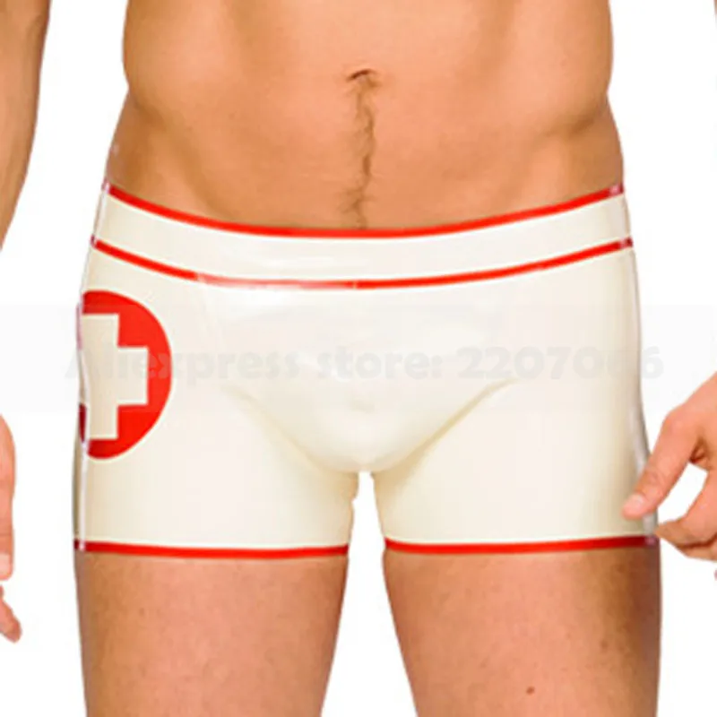 Handmade uniform male latex rubber boxer shorts with cross trims panties RPM115
