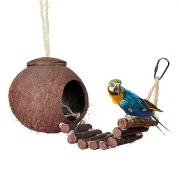 

Unique Natural Coconut Shell Parrot Nest Parakeet Birds Feeder Pets Toy with Ladder