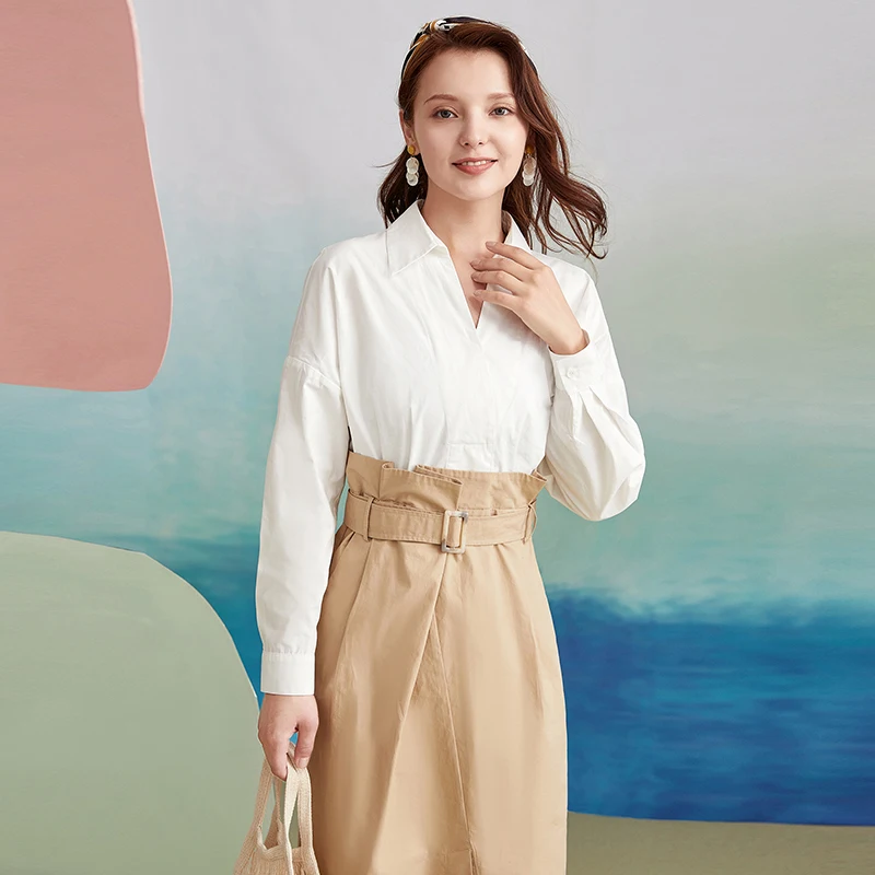 

ARTKA 2020 Autumn New Women Dress Fashion OL Style Shirt Dress V-Neck Long Sleeve Fake Two Pieces Dresses With Sashes LA20201Q