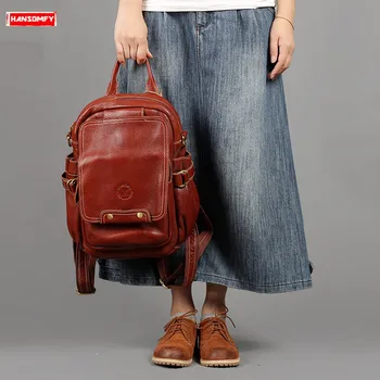 

Women Backpack Female Shoulder Bag Leather Lady Travel School Retro Backpacks Brown Handmade First Layer Real Cowhide Solid Bag