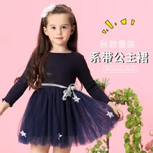 Весна-Осень г.; корейское платье для девочек; трикотажный топ; Сетчатое платье принцессы с вышивкой для маленьких девочек; пояс со звездами и длинными рукавами